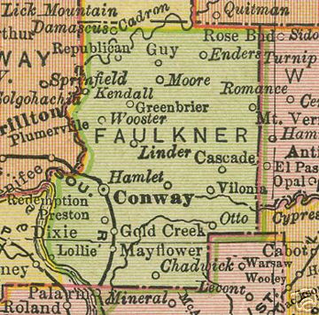 Early map of Faulkner County, Arkansas including Conway, Linder, Greenbrier, Wooster, Mayflower, Vilonia, Enola